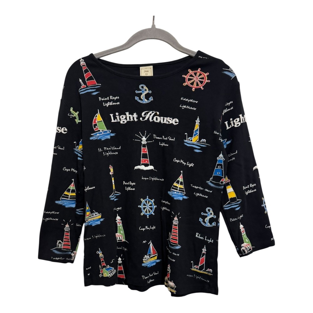 Jess & Jane Graphic Rhinestone Top Women's Medium Black Nautical Lighthouse